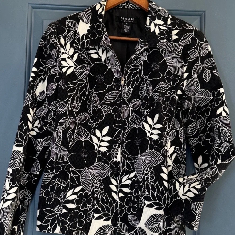 Parisian Signature Floral Zip Front Jacket Medium Black White Career Blazer - Picture 3 of 7